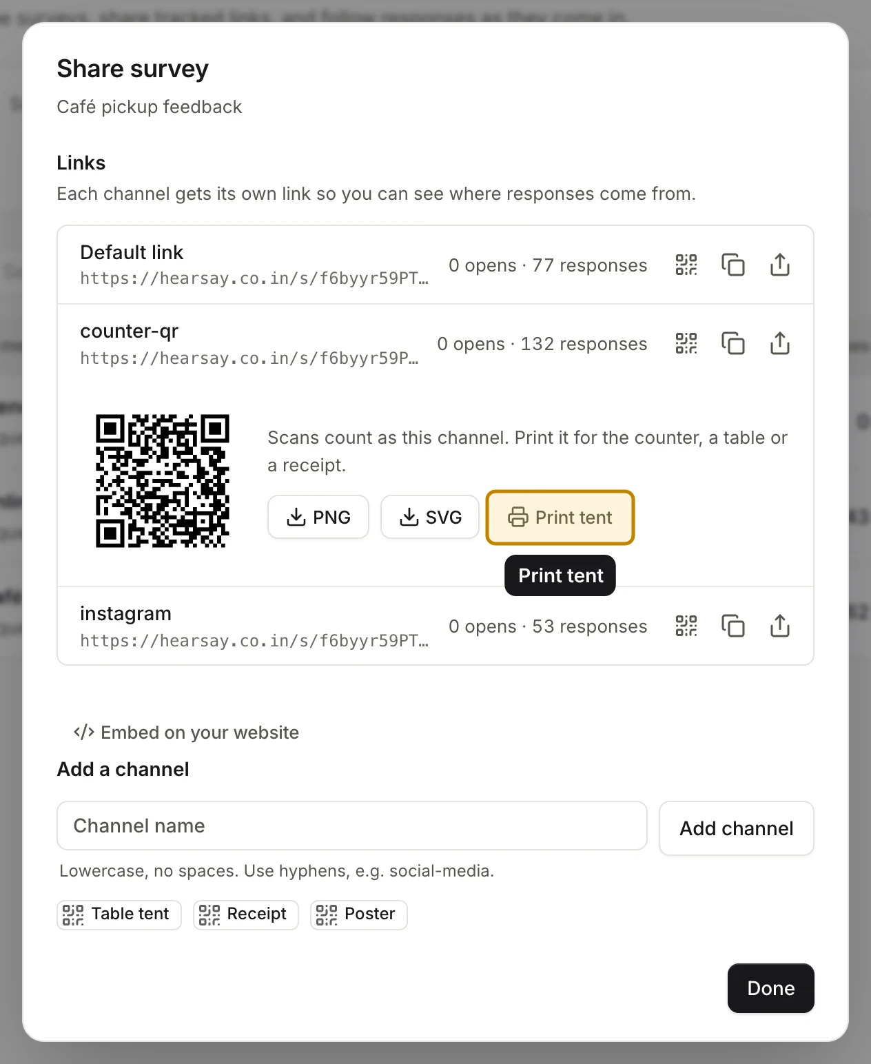 A channel’s QR code with PNG, SVG and Print tent buttons
