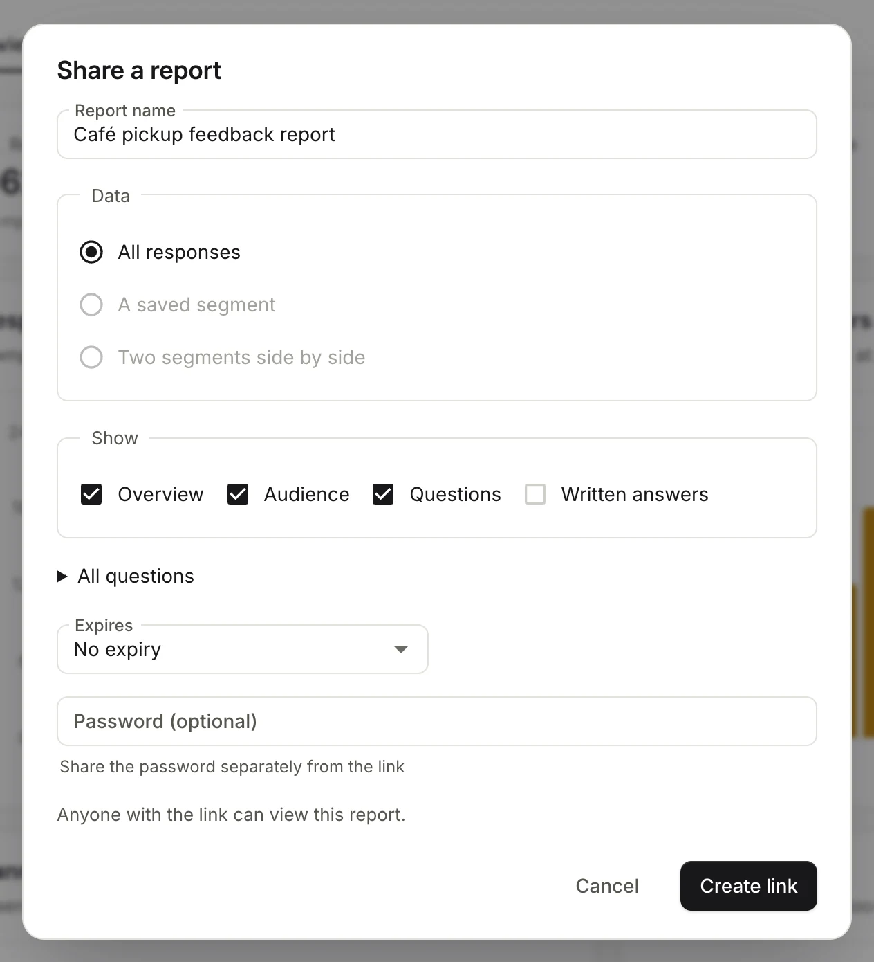 The Share a report dialog: name, data, sections, expiry and an optional password