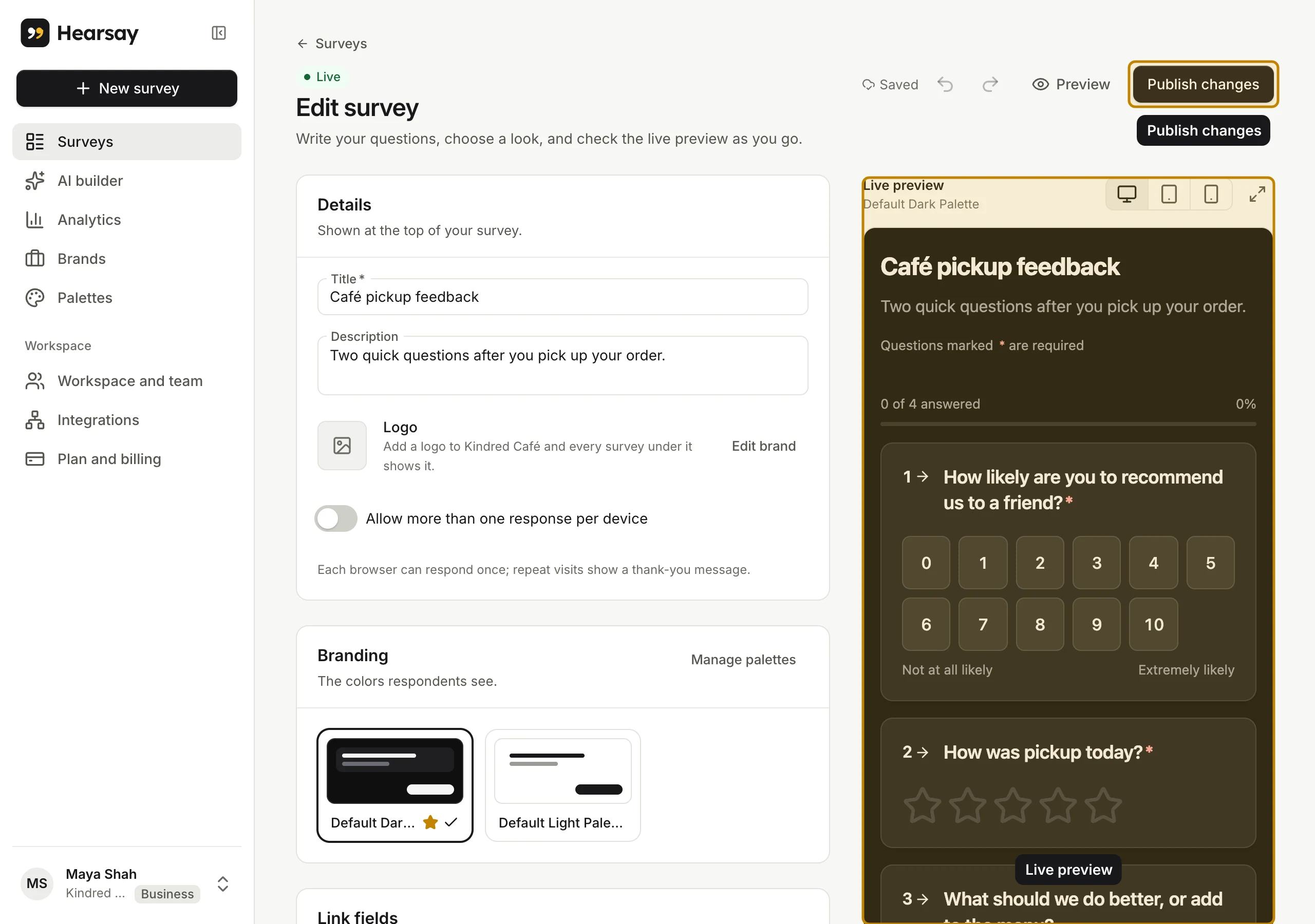 The survey editor: details and questions on the left, a live preview on the right