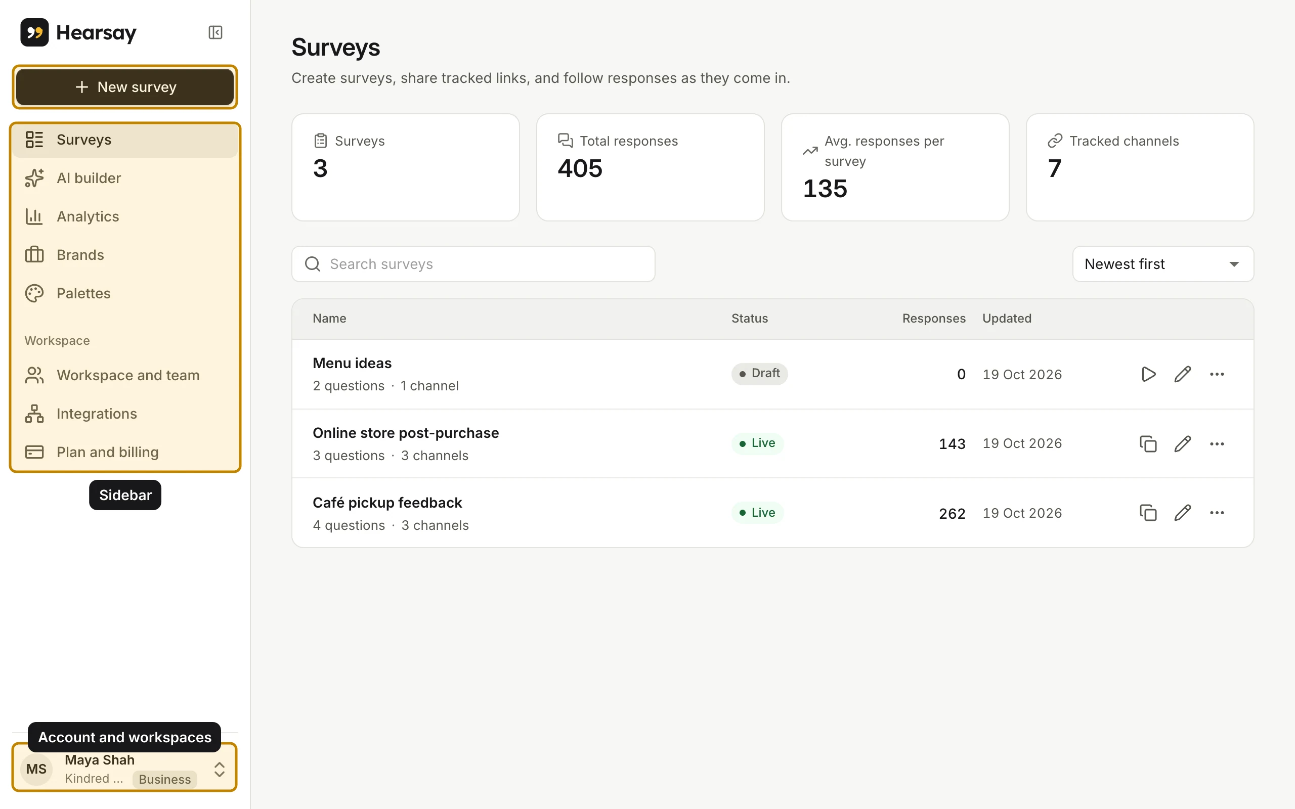 The Surveys page, listing the workspace’s surveys with their status and response counts