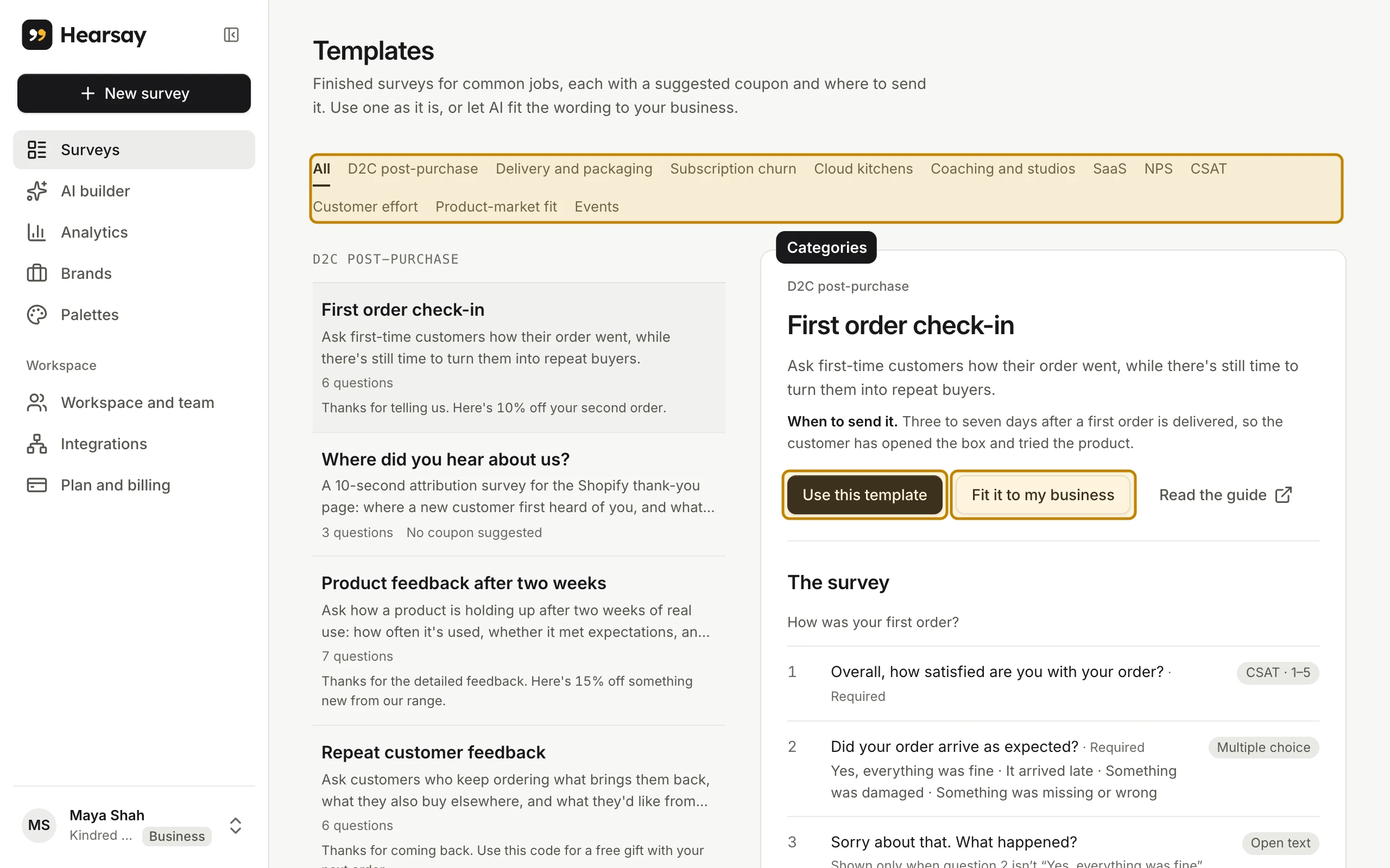 The template gallery: categories along the top, and a template’s questions and suggested coupon on the right