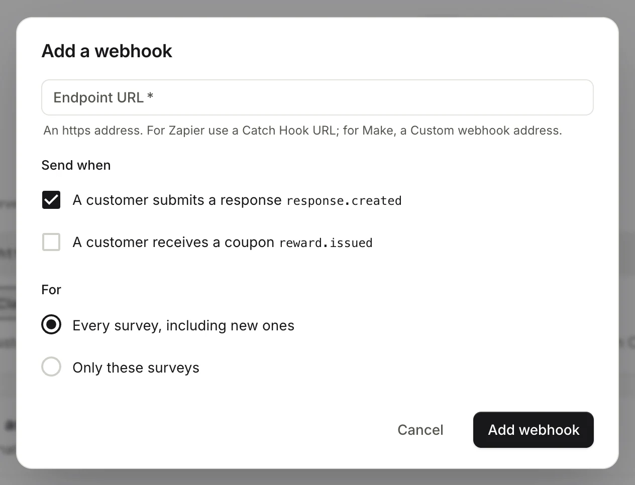 The Add a webhook dialog: endpoint URL, events to send and which surveys