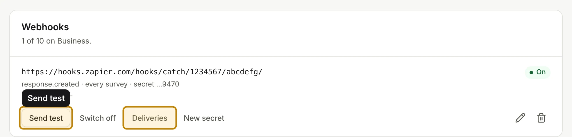 A webhook on the Integrations page, with Send test, Switch off, Deliveries and New secret