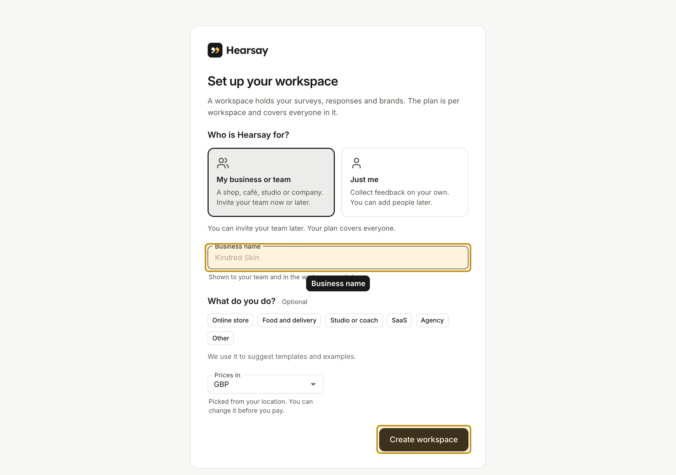 The Set up your workspace screen: who Hearsay is for, the business name, what you do, and prices in