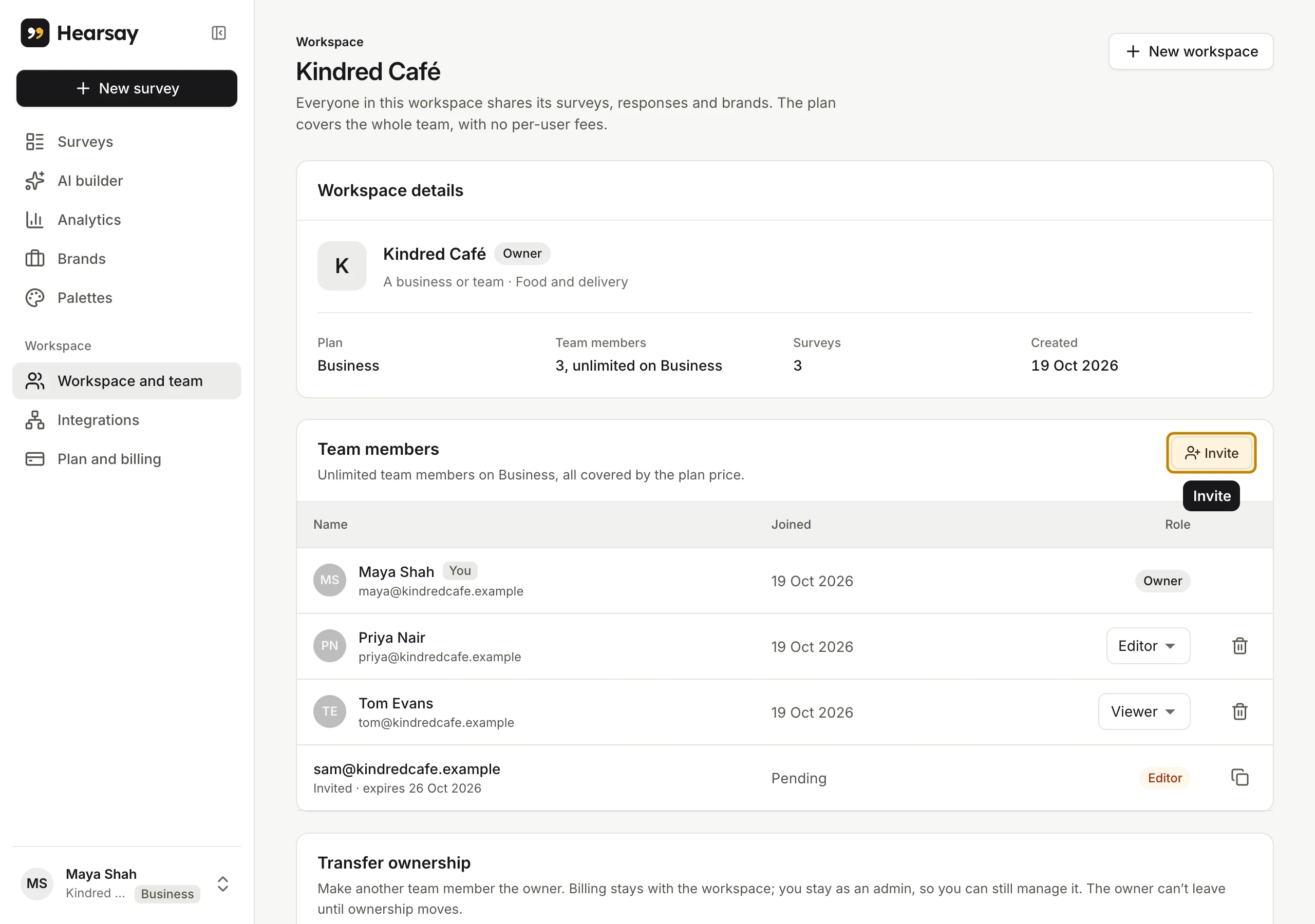 The Workspace and team page: workspace details and the team members list with roles