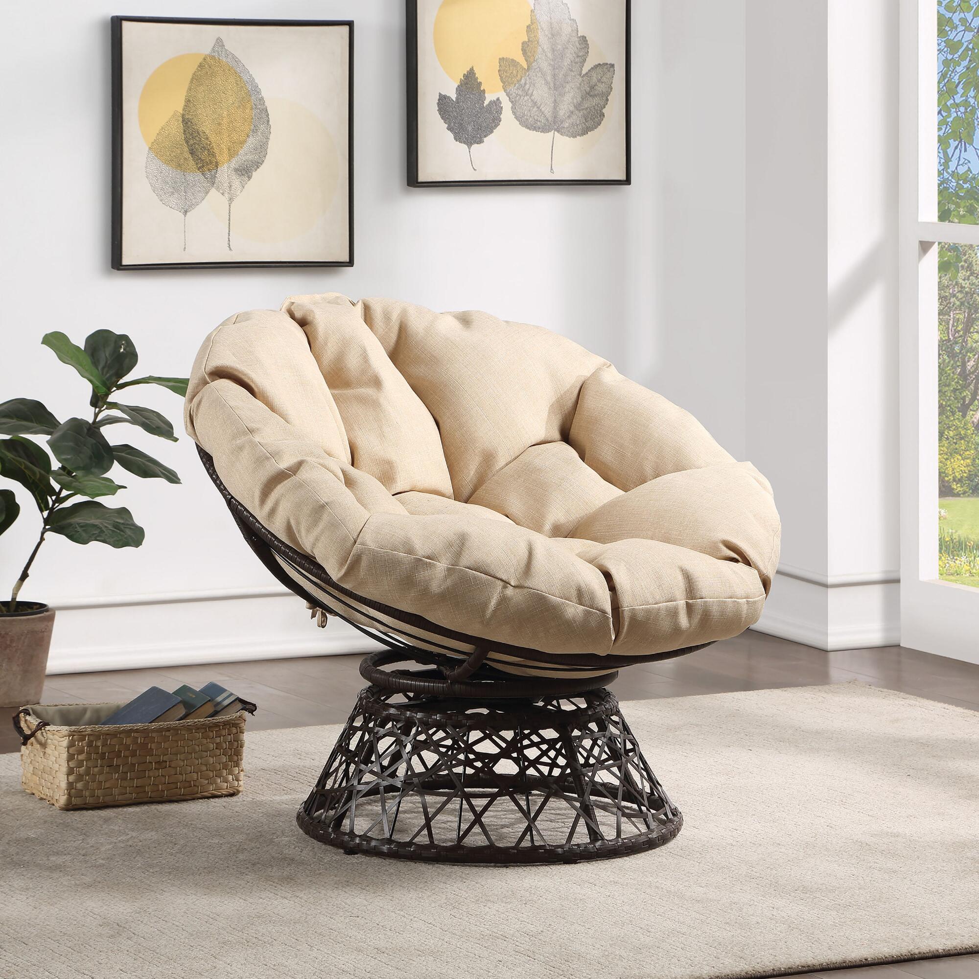 Brown Wicker Swivel Papasan Chair With Cushion
