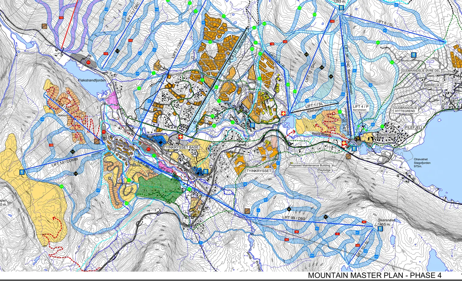 Utsnitt av Ecosigns masterplan for Tyin-Filefjell fra 2016, fra Tyinkrysset og opp til Skørsnøse, med gondolen «Lift 9B» tegnet inn som en linje til toppen.