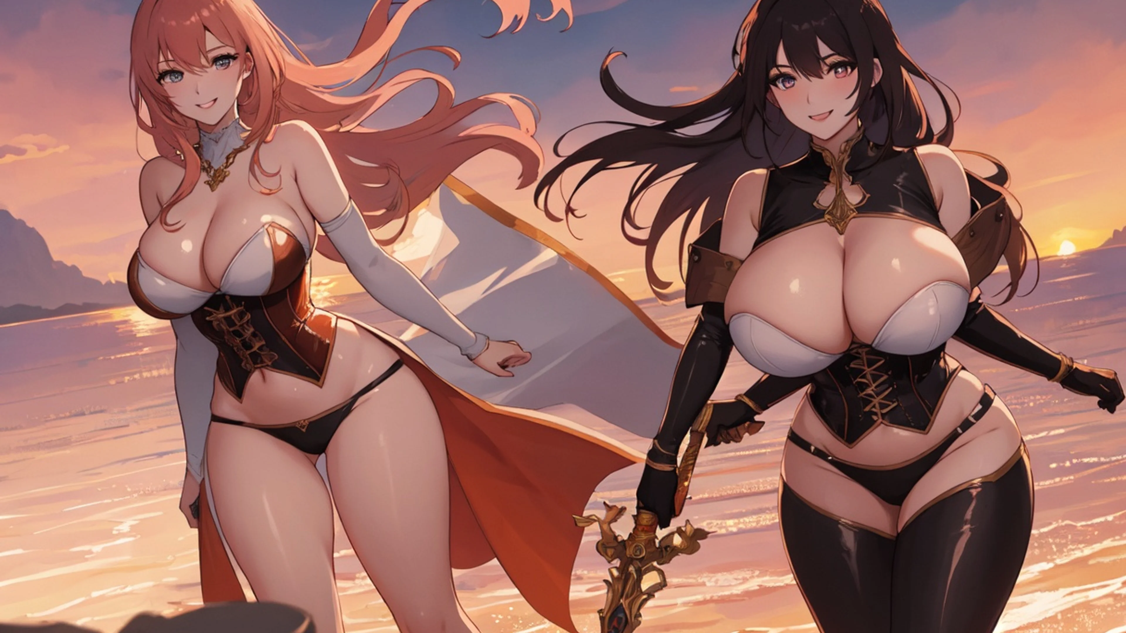 Voluptuous Trainer Wields Sword In Sunset Dream Dimension — Wallpaper desktop preview