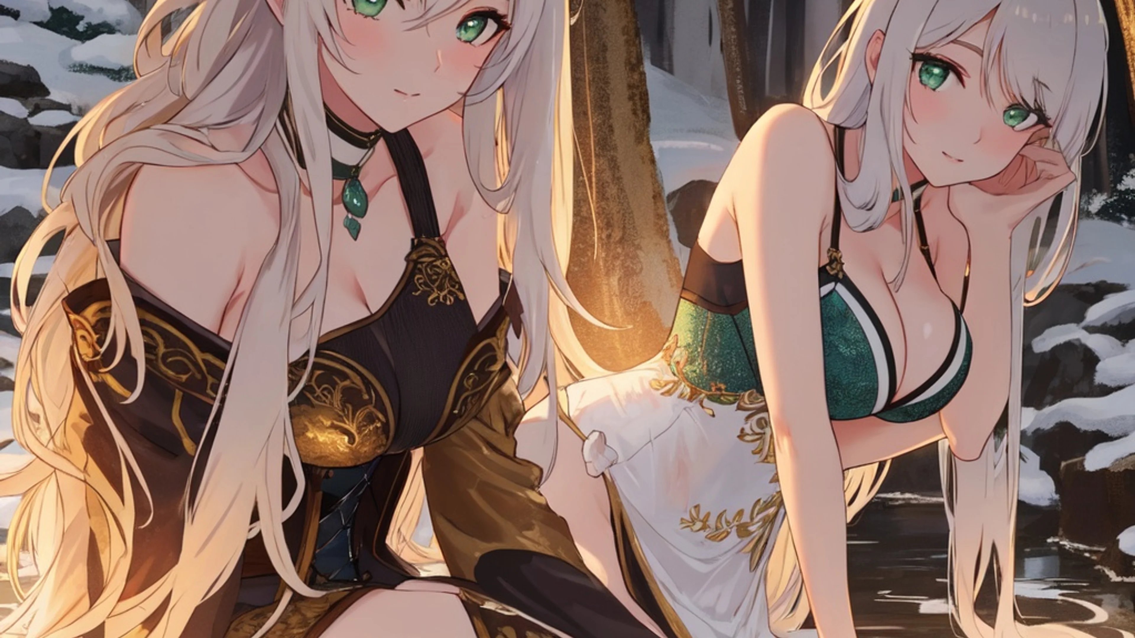 Enchanted Forest Fox Girl Onsen - Flirtatious Kitsune Reveal Wallpaper desktop preview