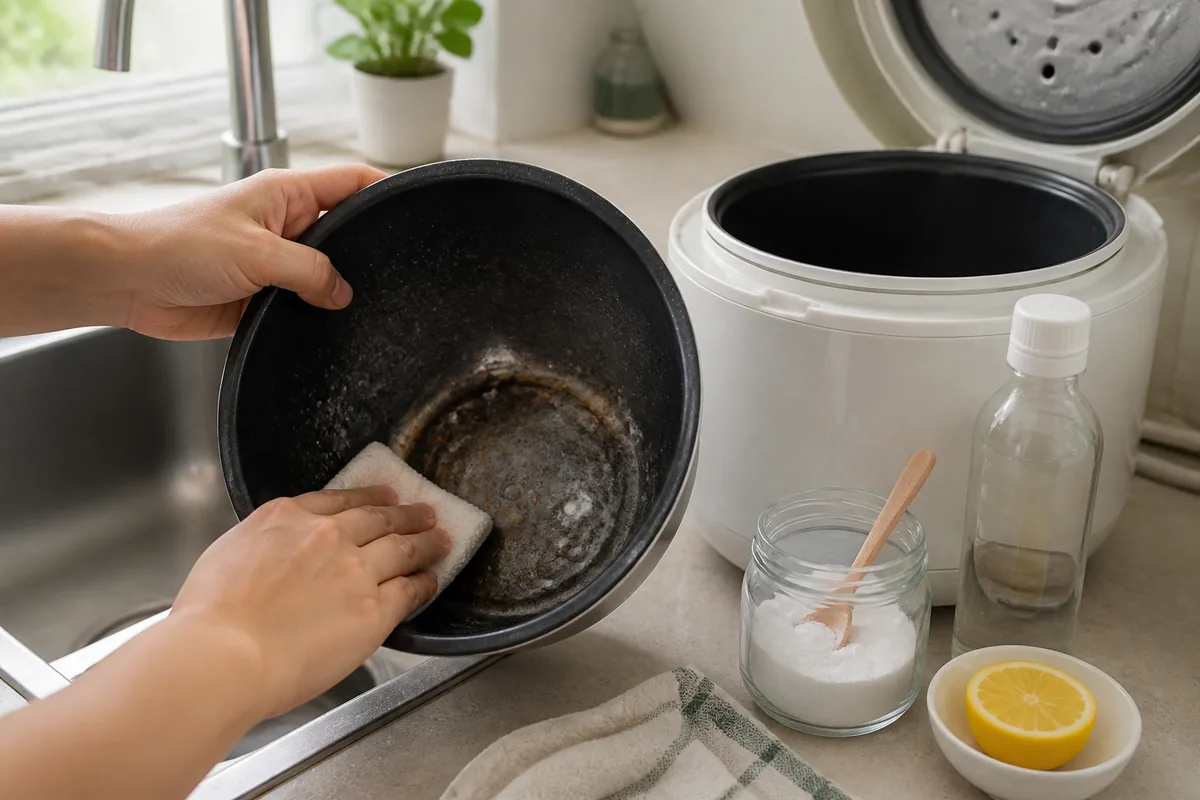 Minh họa Làm sao để vệ sinh nồi cơm điện nhanh sau khi nấu? với dụng cụ inox trong bếp gia đình Việt
