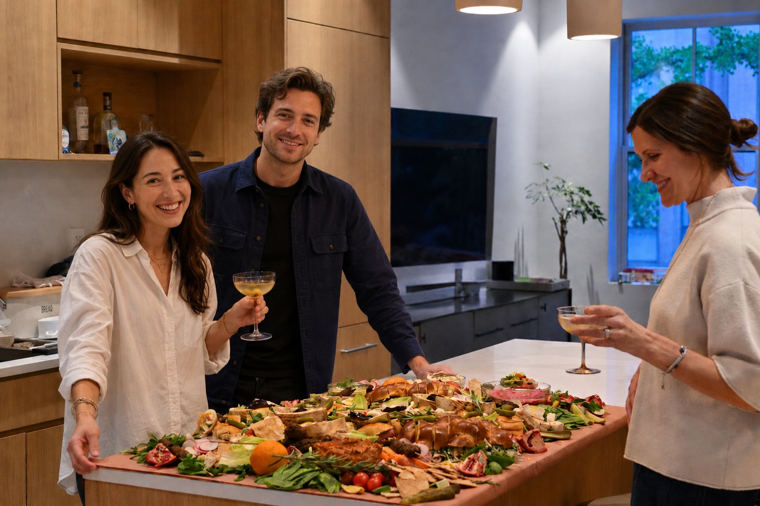 Guests celebrating around a Mediterranean Shuk Table spread