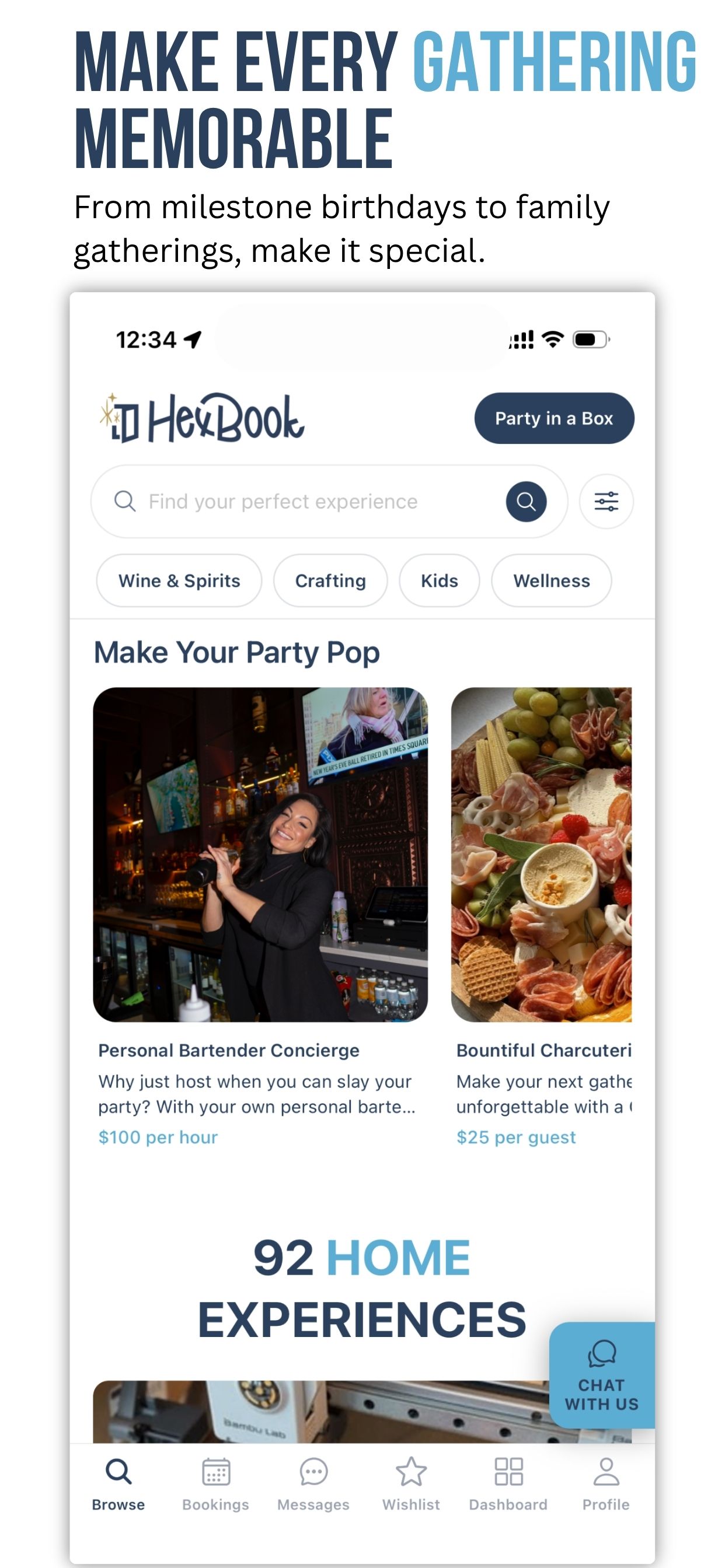 HexBook app browse screen — discover home experiences for gatherings and celebrations.
