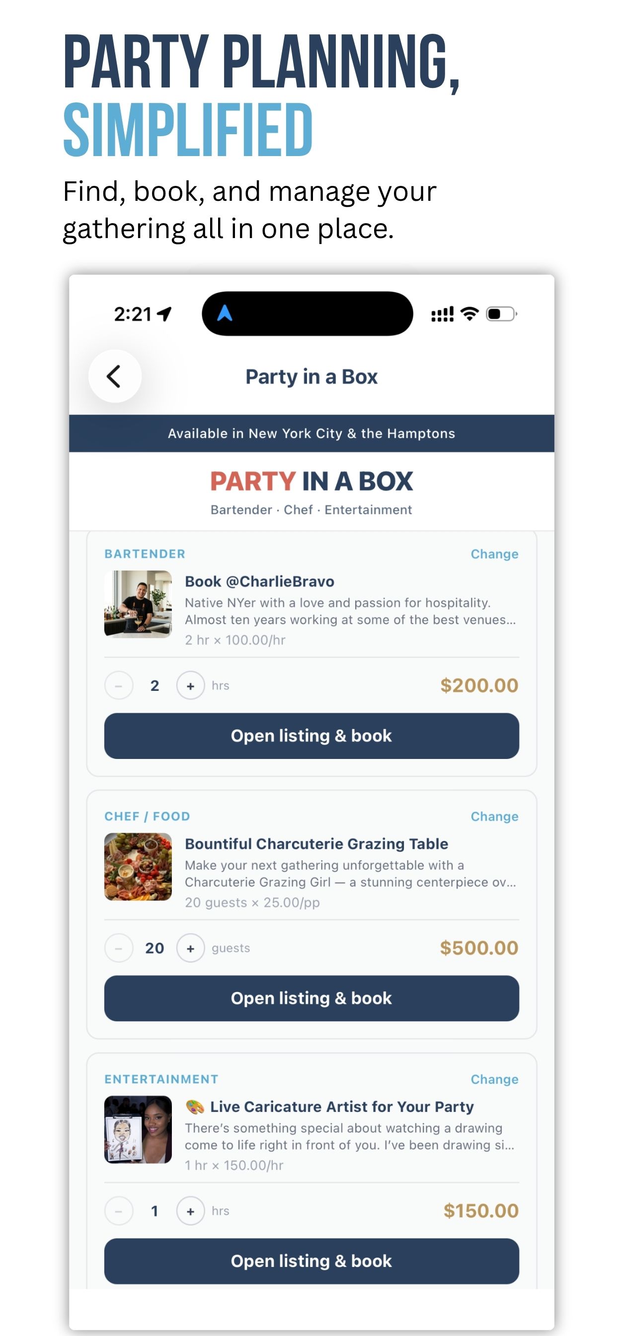 HexBook Party in a Box — find, book, and manage your gathering in one place.