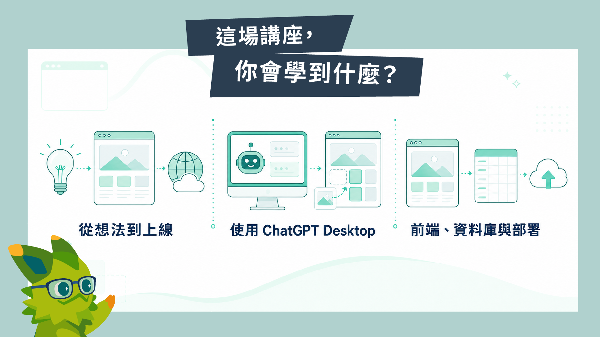 這場講座你會學到什麼:從想法到上線、使用 ChatGPT Desktop、前端資料庫與部署