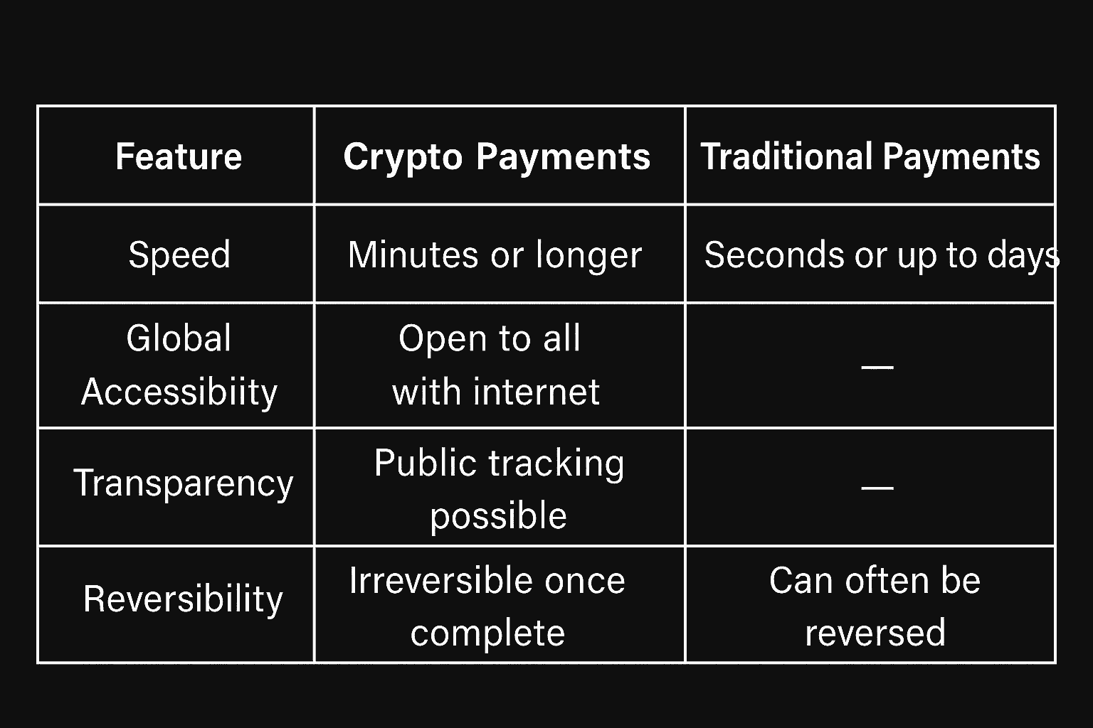 comparison table with crypto payments and traditional systems