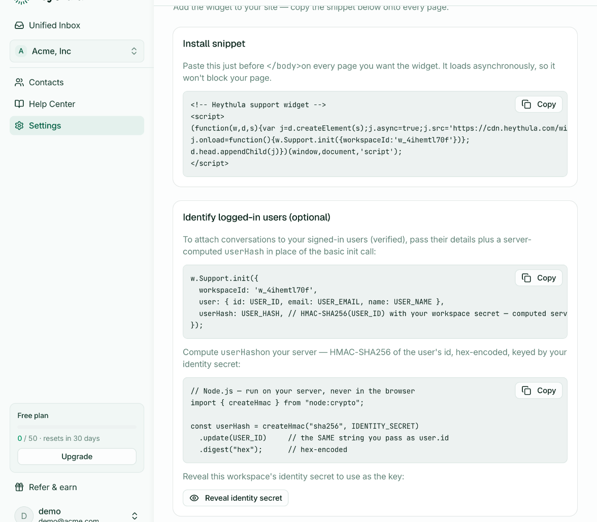 The Identify logged-in users section of the Install settings tab, showing the init call, the Node.js hash example, and the Reveal identity secret button