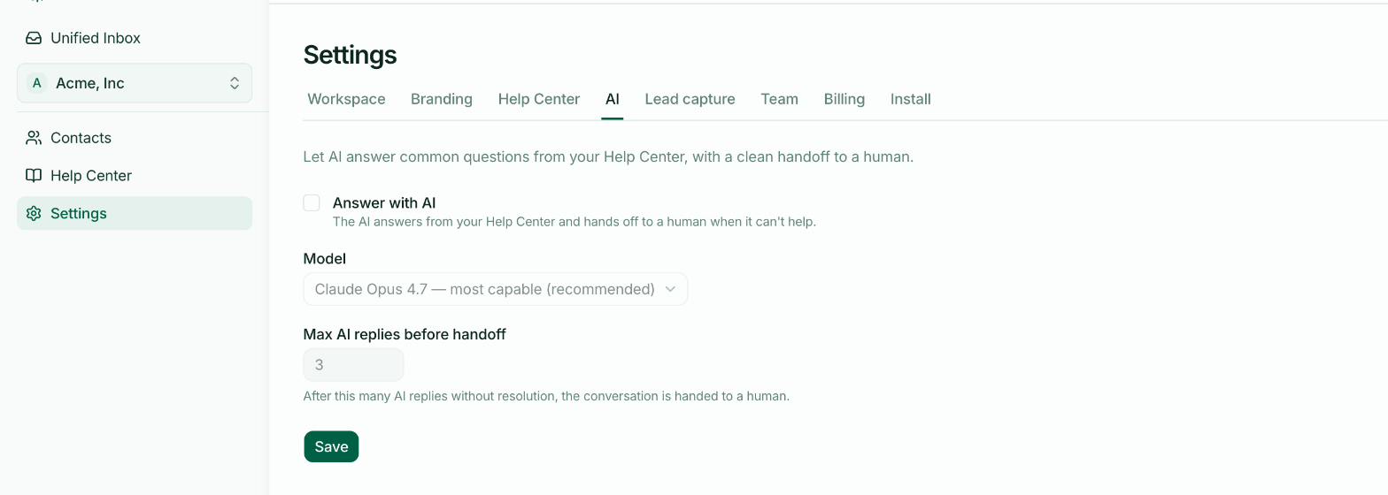 The AI tab in Settings, showing the Answer with AI toggle, the model selector, and the Max AI replies before handoff field set to 3
