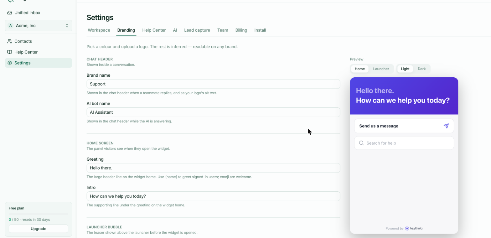 The Branding tab, where widget appearance changes are made and saved