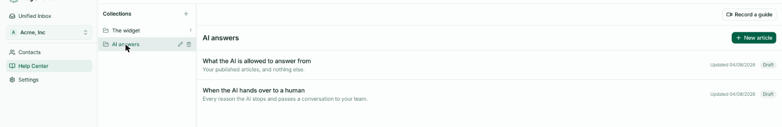The AI answers collection in the Help Center, listing two articles, each tagged Draft