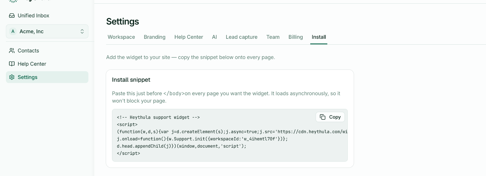 The Install tab in Settings, showing the install snippet with the workspace ID already filled in, and a Copy button