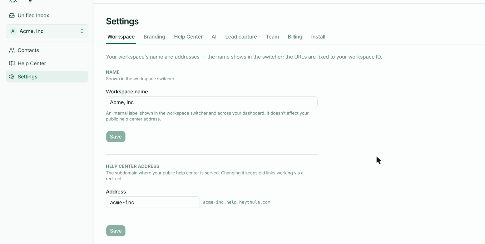 Settings → Workspace, showing the workspace name and the public help centre address