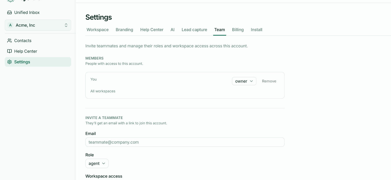 The Team tab, which belongs to the account rather than any single workspace
