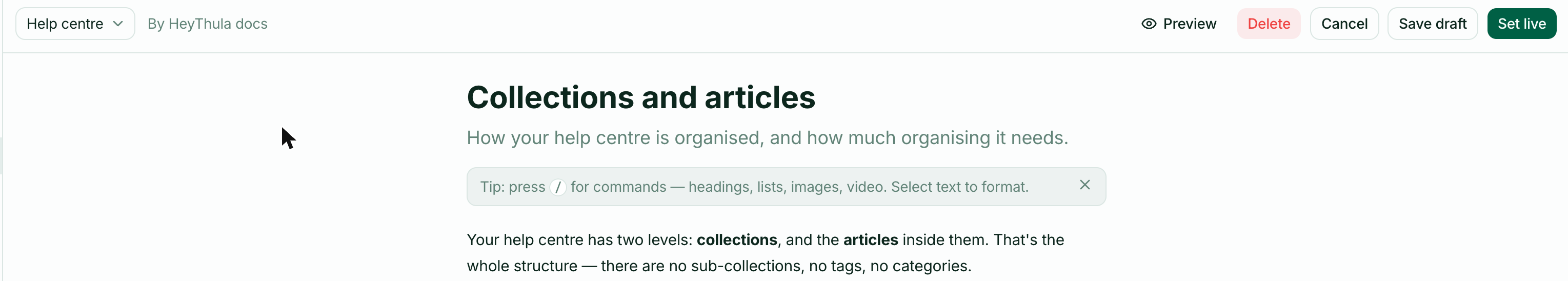 The article editor toolbar, with Preview, Save draft and Set live