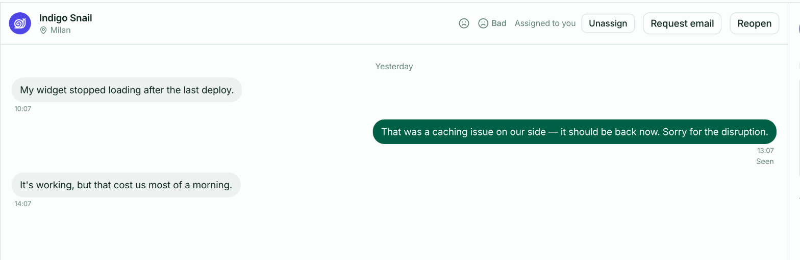 A closed conversation, with a Reopen button in the header where Close would normally be