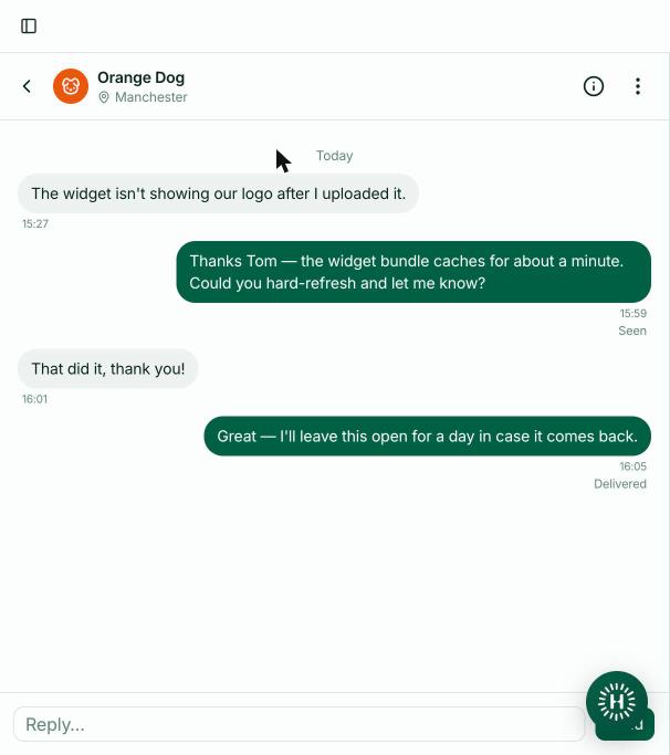 The inbox on a phone: a conversation with a back arrow, contact info and actions in the header, and a reply box at the bottom