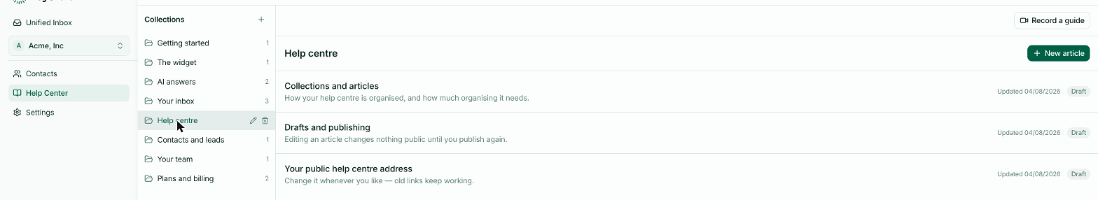 Guide drafts in the Help Center, where recorded walkthroughs wait for review