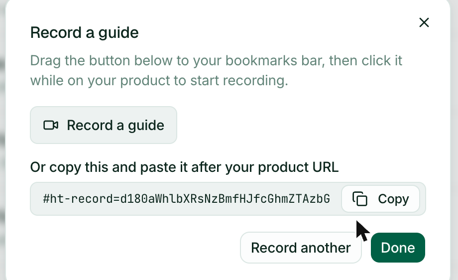 The Record a guide dialog, offering a bookmarklet to drag to your bookmarks bar or a URL snippet to copy
