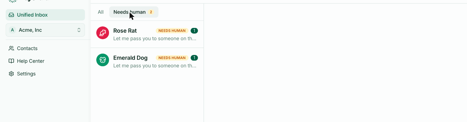 The inbox list with the Needs human filter and its count, alongside conversations tagged Needs human