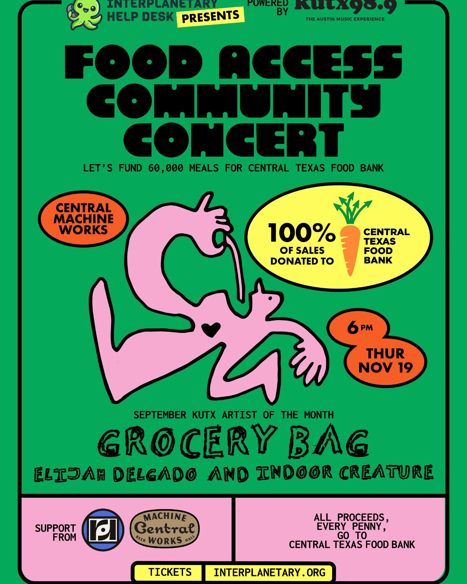 Poster for Get Tickets: Interplanetary Help Desk Presents: Grocery Bag, Elijah Delgado and Indoor Creature in Austin