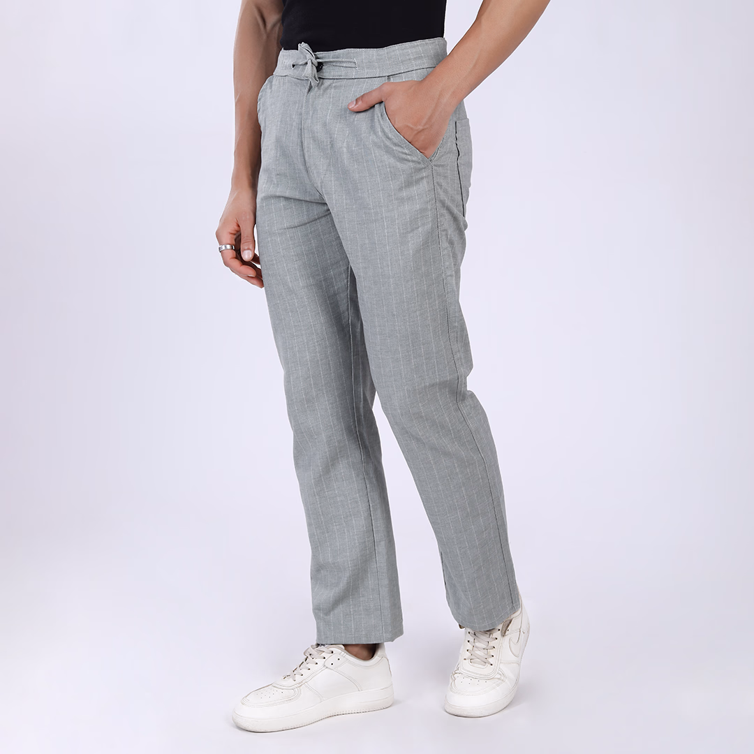 Relaxed Fit Linen Trousers with Vertical Stripes
