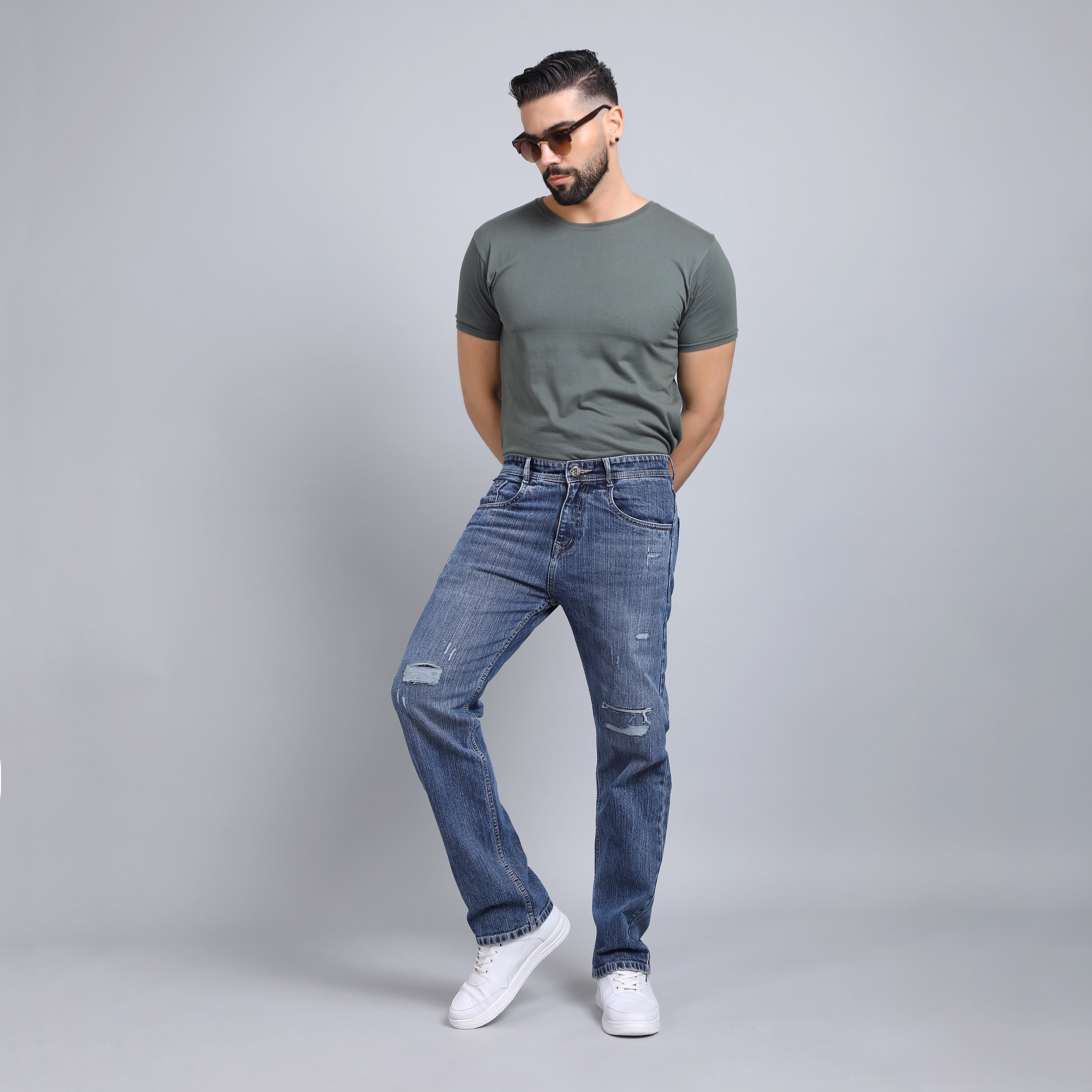Men’s Deep Grey Denim – Baggy Distressed Jeans with Edgy Details (hover view)