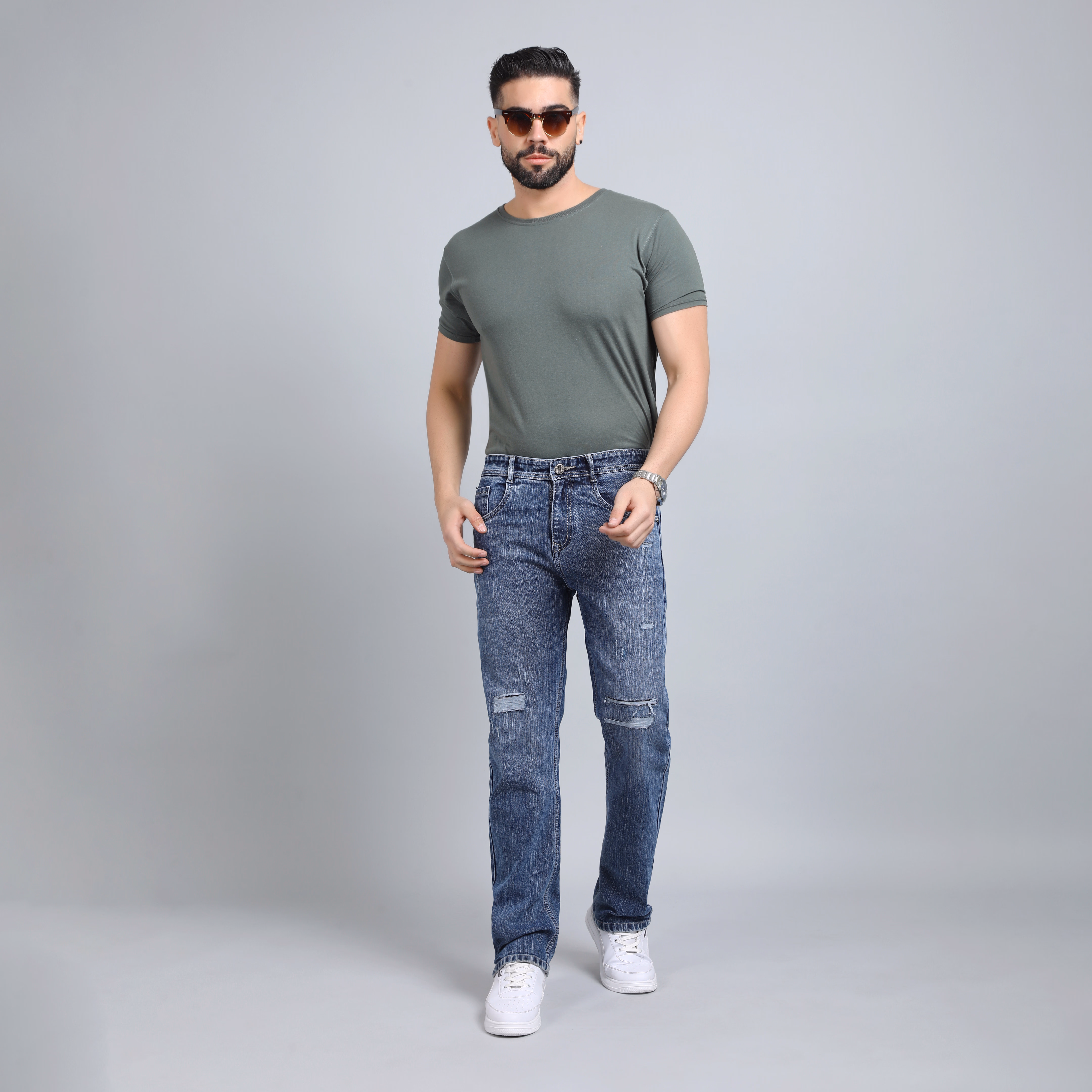 Men’s Deep Grey Denim – Baggy Distressed Jeans with Edgy Details