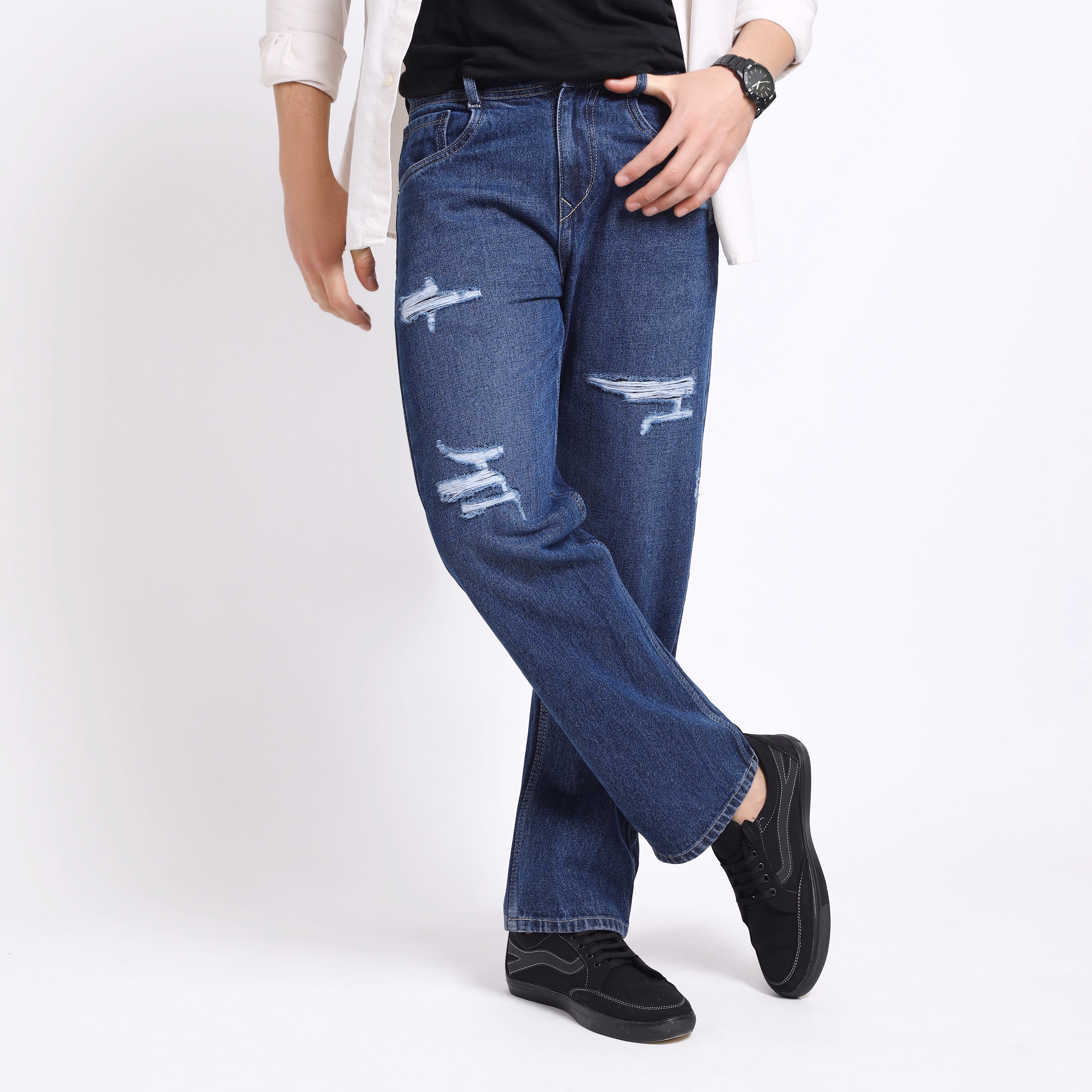 Men’s Dark Blue Baggy Fit Distressed Jeans – Urban Streetwear Style