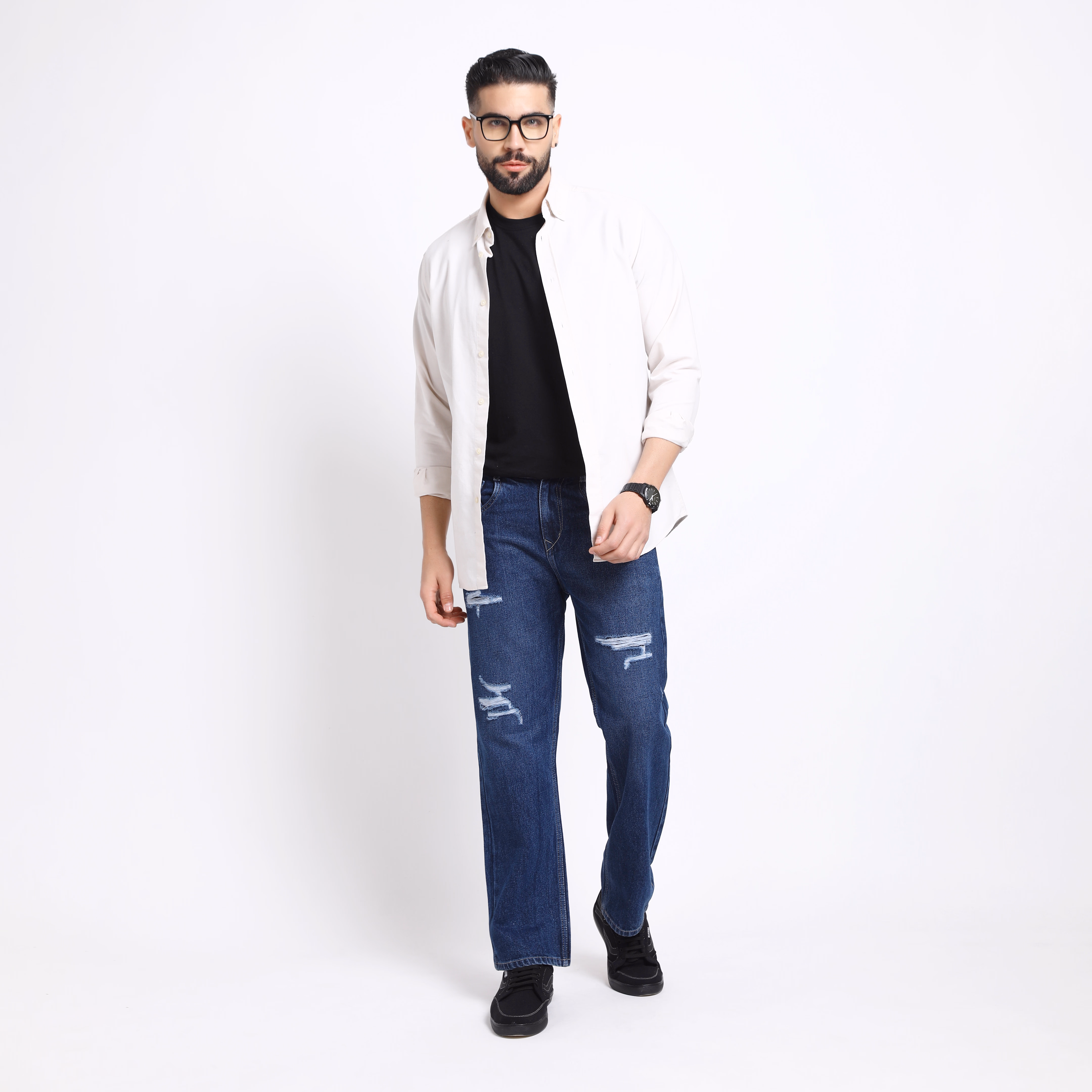 Men’s Dark Blue Baggy Fit Distressed Jeans – Urban Streetwear Style (hover view)