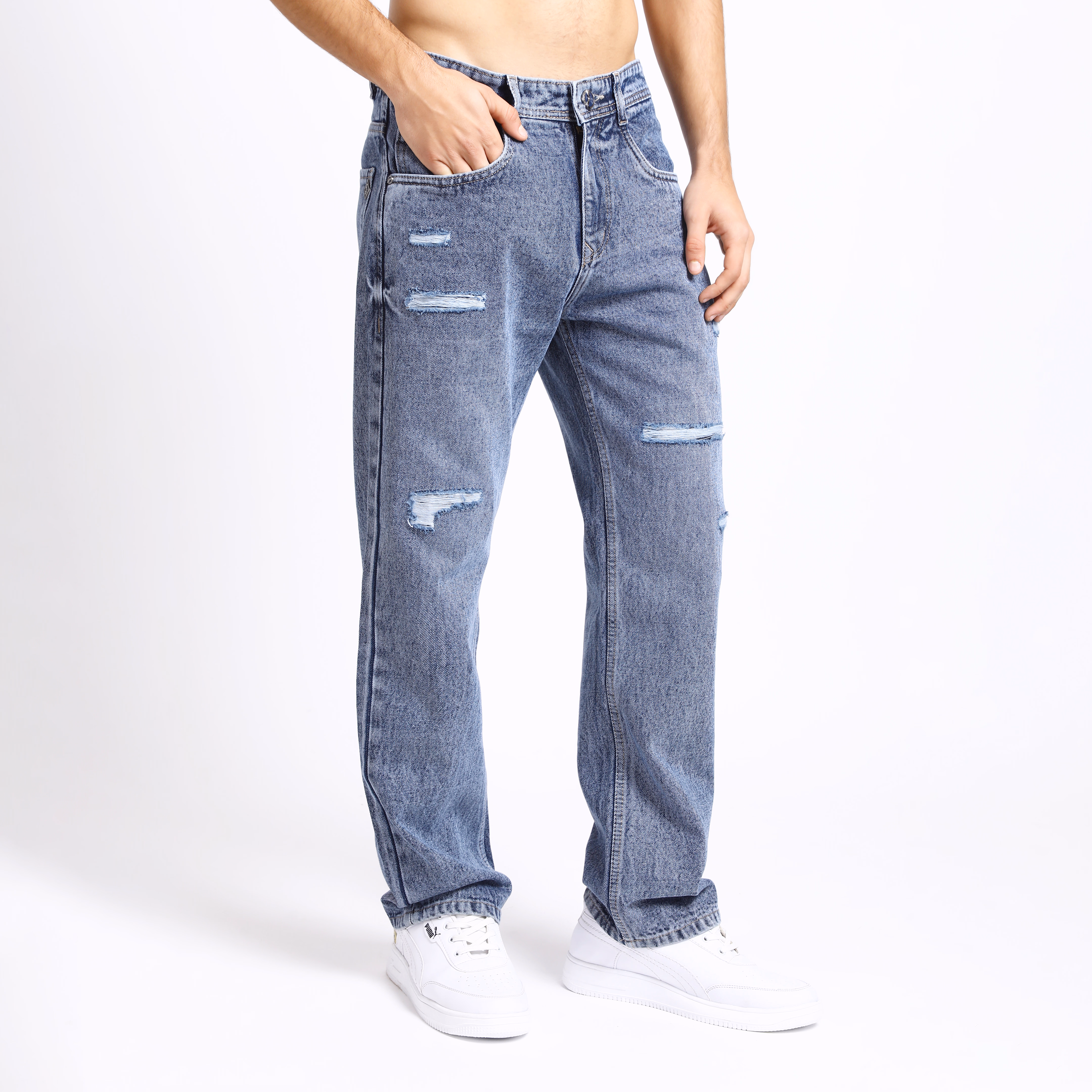 Light Blue Distressed Wash Baggy Fit Jeans – Men’s Casual & College Wear Denim (hover view)