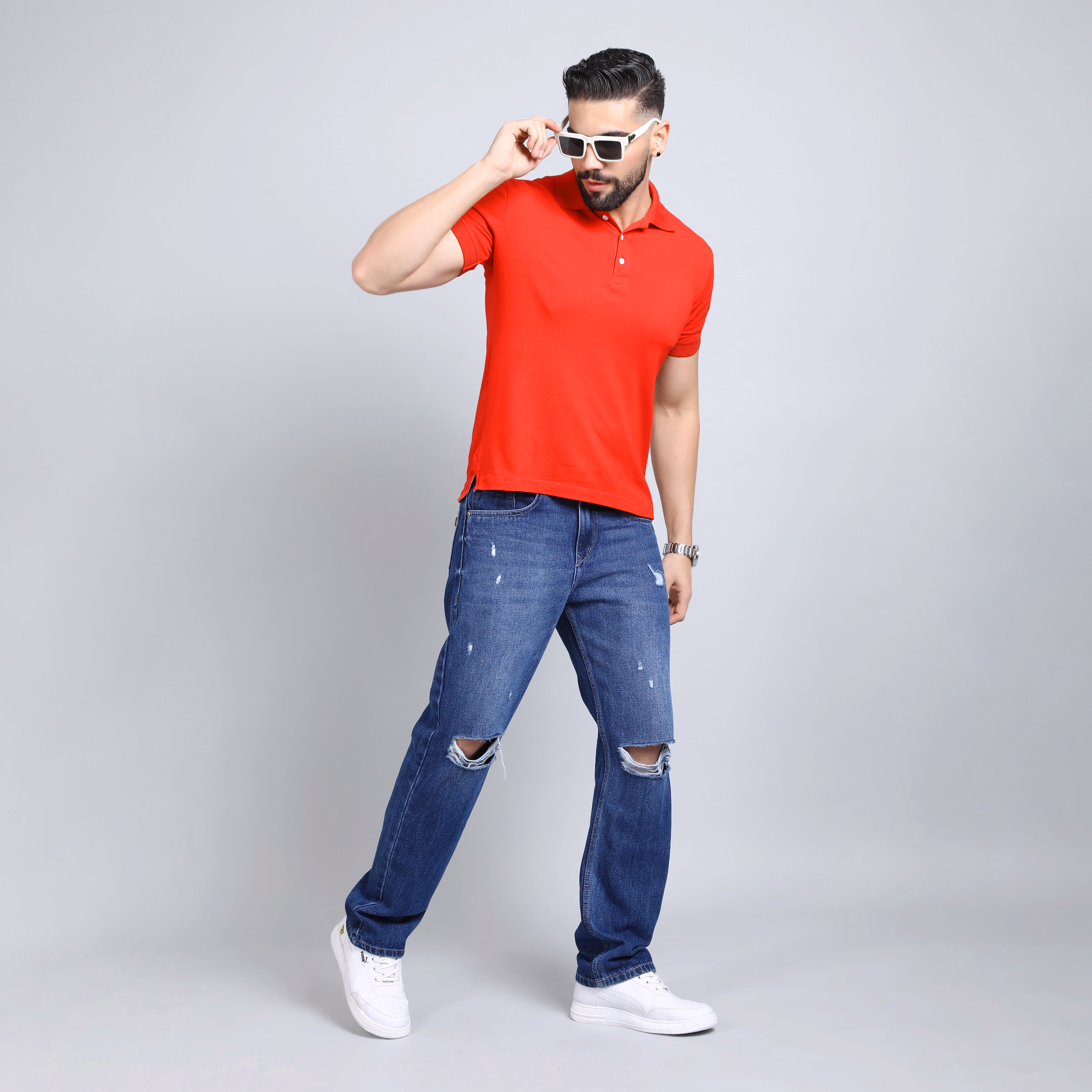 Knee Cut Distressed Wash Baggy Fit Jeans – Men’s Casual & College Wear Denim