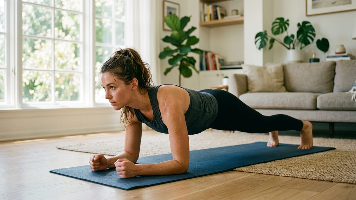 Person doing a plank on a yoga mat in a sunny living room.