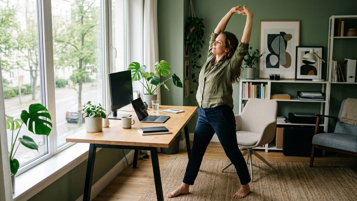 A person doing a midday stretch next to their home office desk.