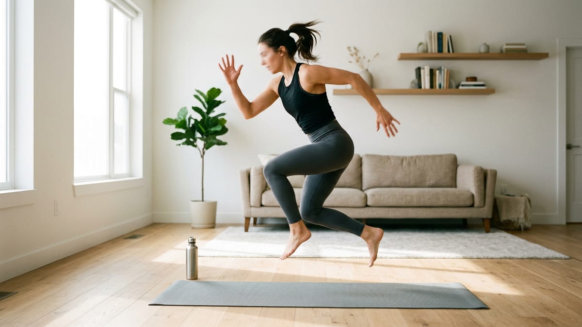 A person performing a lateral skater jump on a yoga mat in a sunlit living room.
