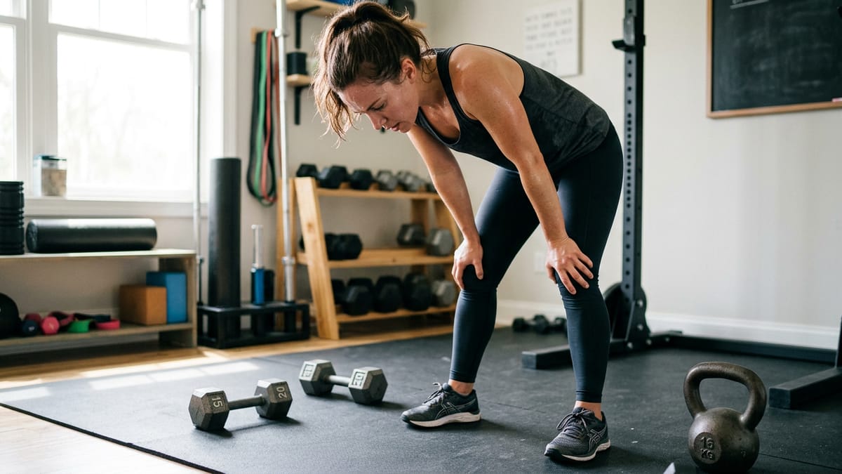 Athlete catching their breath during a home workout with dumbbells.