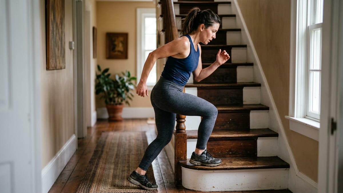 A person performing step-up exercises on the bottom step of a home staircase.
