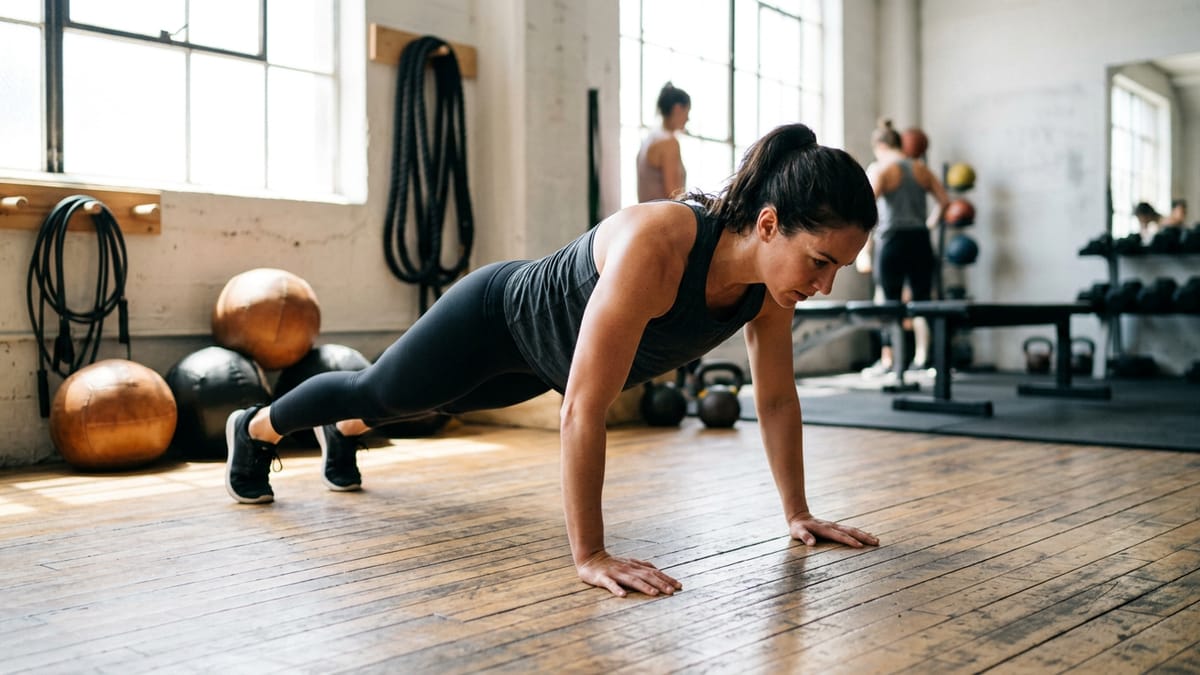 Adult performing a push-up on a gym floor to train for a fitness test.