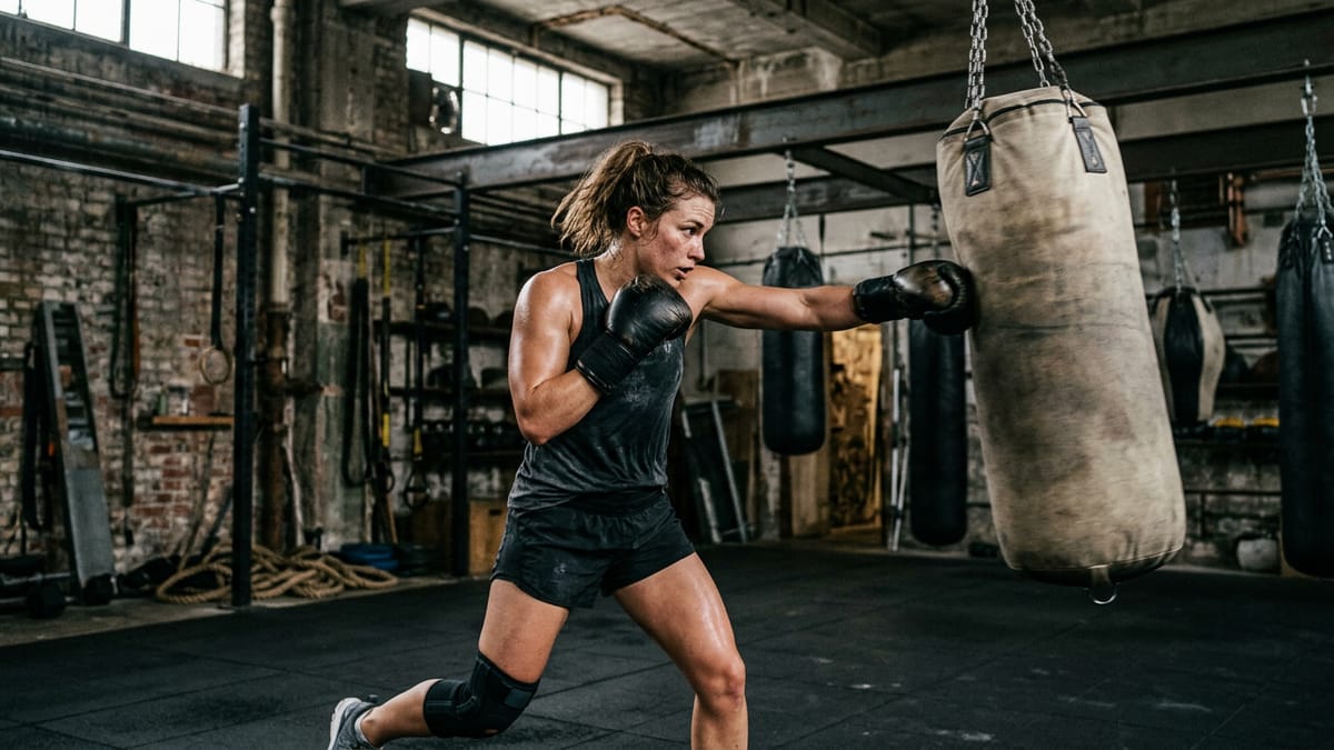 An athlete hitting a heavy bag with a cross punch in a gym setting