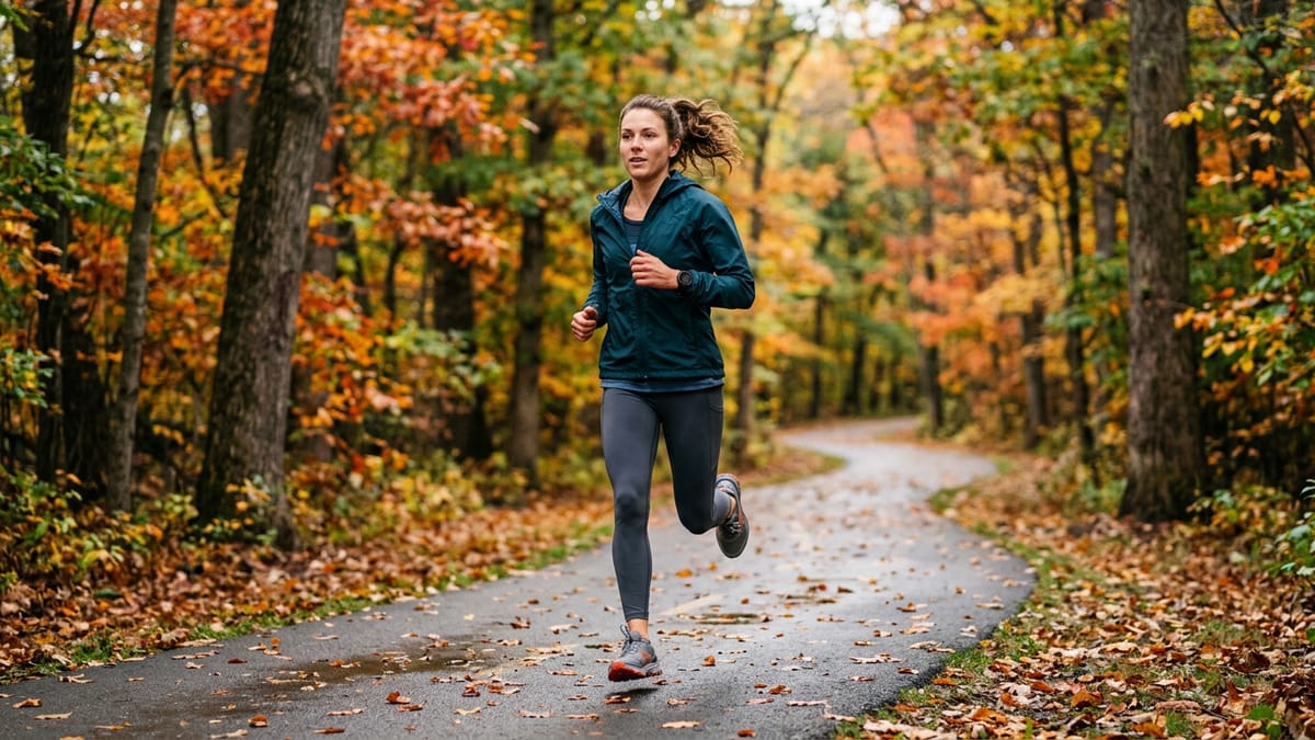 A runner jogging on a paved trail during autumn.