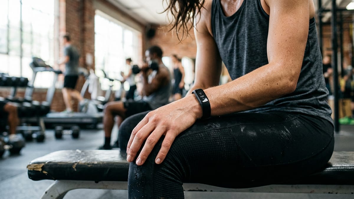 Close up of a fitness tracker on a person's wrist during a workout rest break