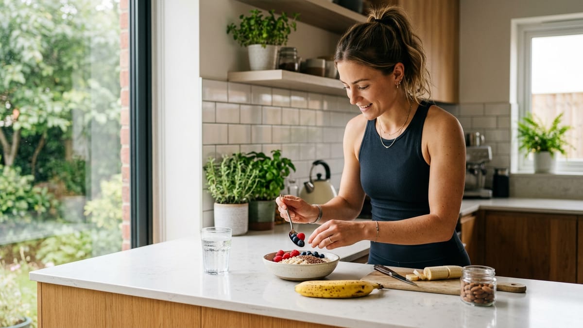 A healthy pre-workout meal of oatmeal with berries and a banana sitting on a clean kitchen counter.